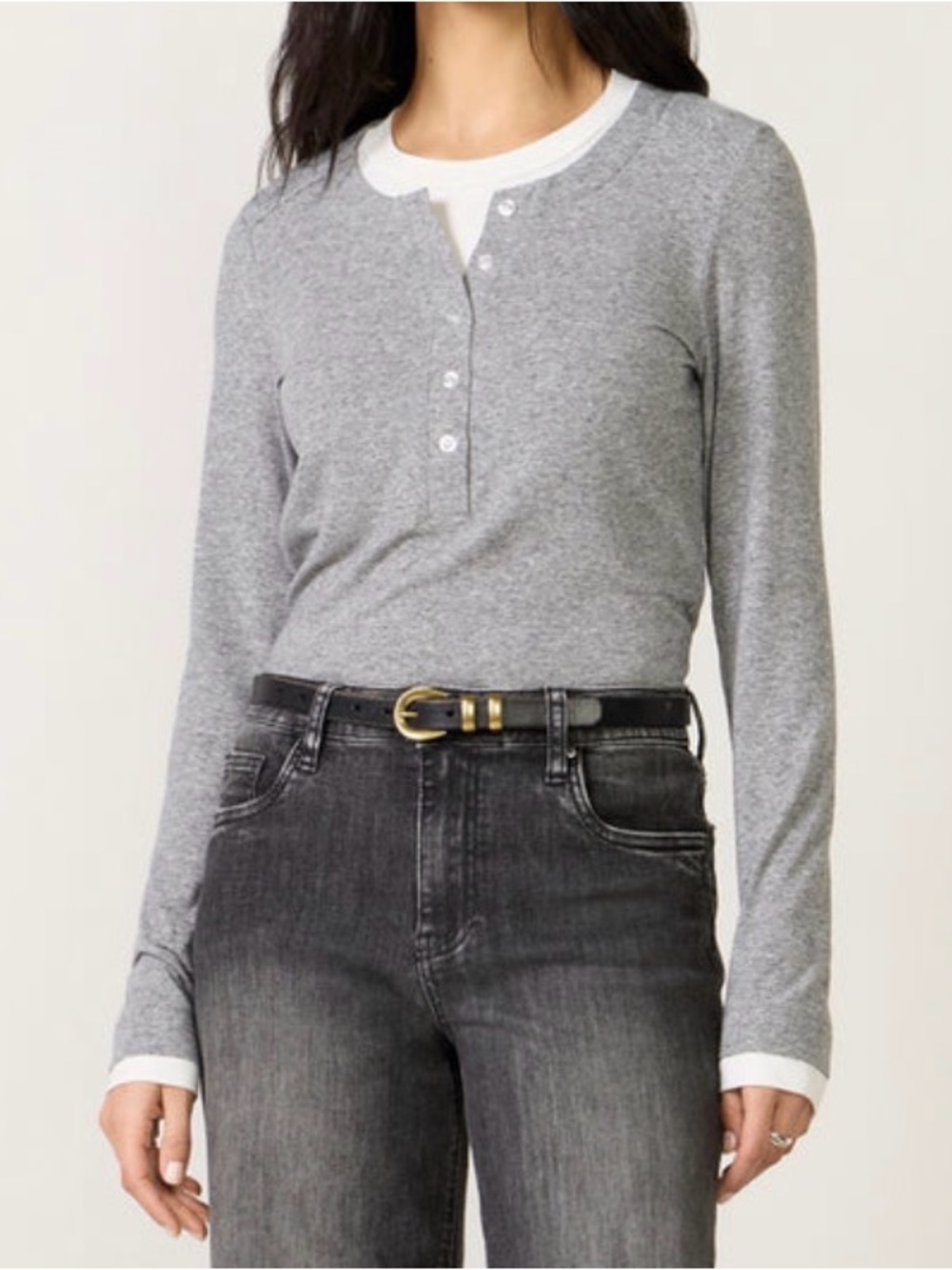 Evereve Gray Long-Sleeve Henley with White Trim